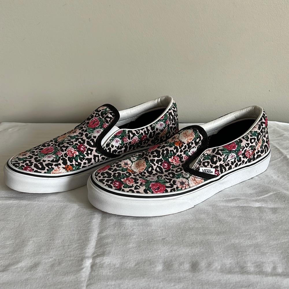 Vans, junior size 7 (8 in ladies) floral and animal print, slip on, never worn!